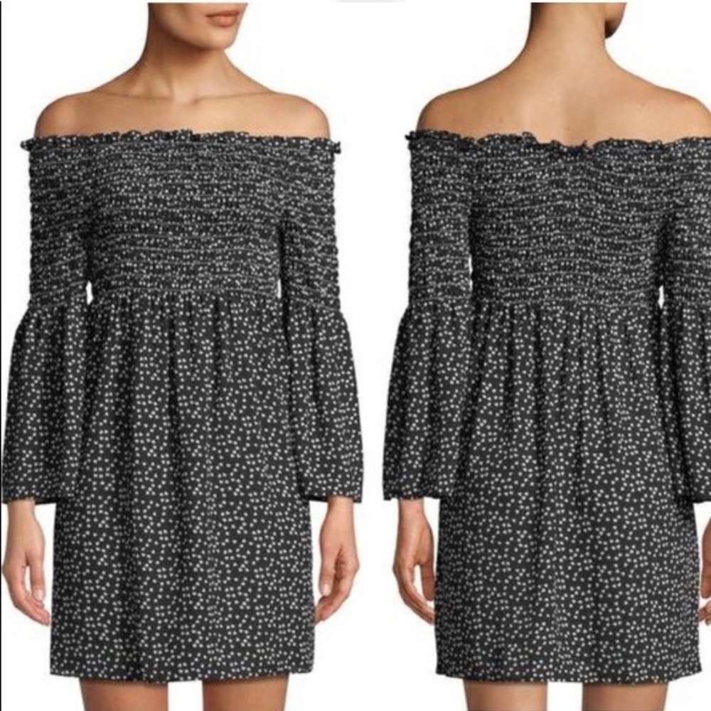Max Studio Heart Print Black and White Off the Shoulder Bell Sleeve Dress S